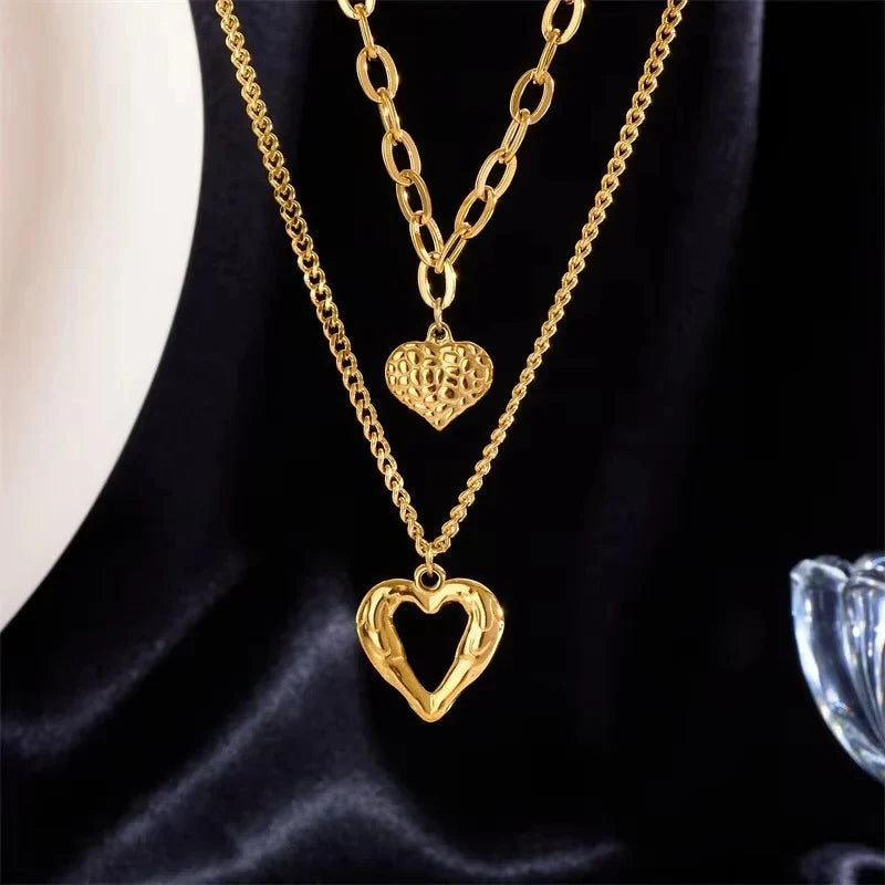 Choker Necklace Double Layer Heart Charm & Cuban Link Nickel-Free