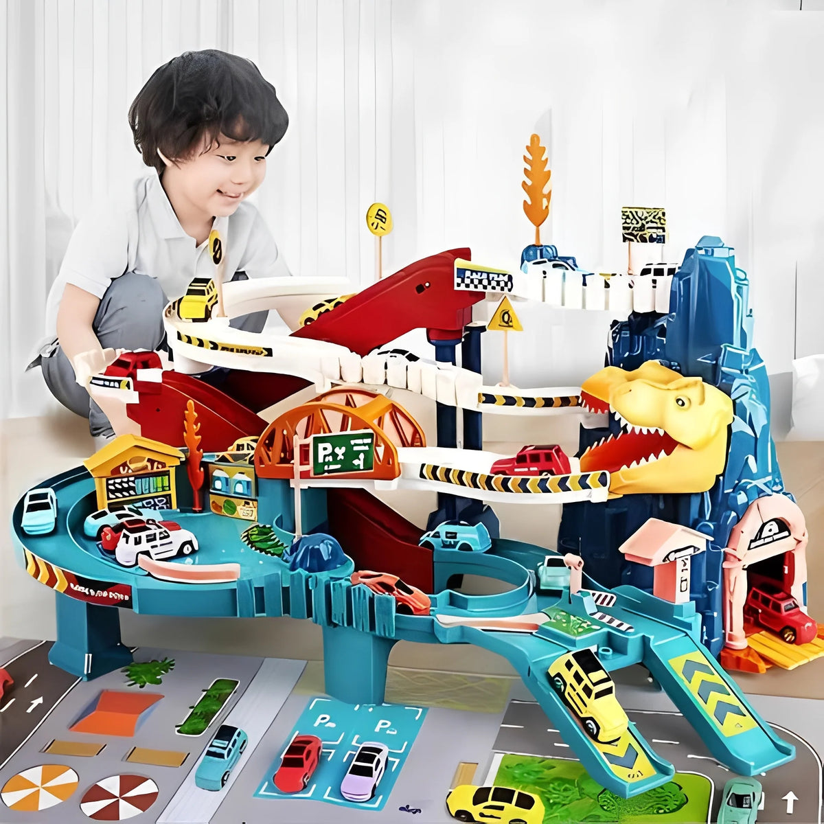 Dinosaur Racing Playset Multi-Level Track Eight Cars