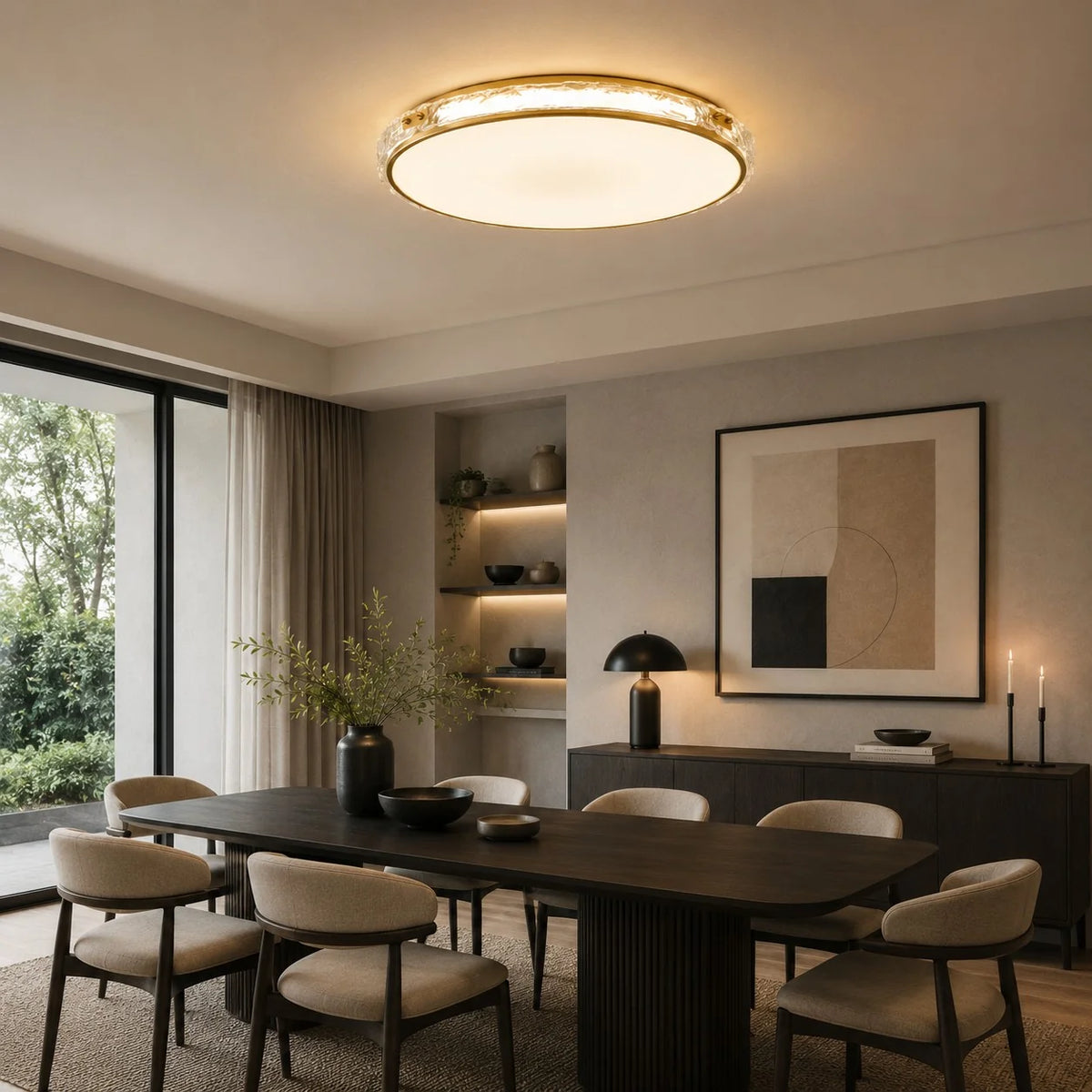 Flush Mount Light Circular Copper & Glass Trichromatic