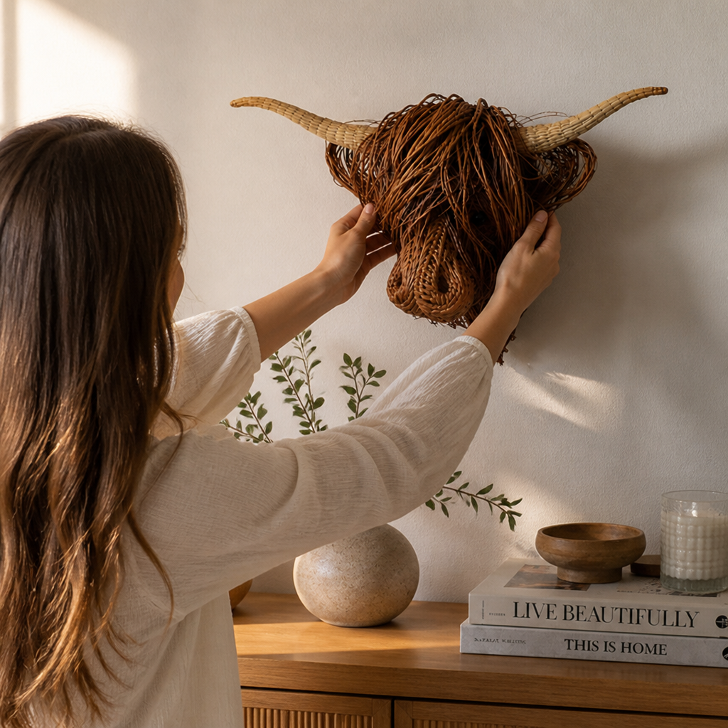 Highland Cow Head Woven Strand Wall Sculpture (30 x 20 x 12 cm)