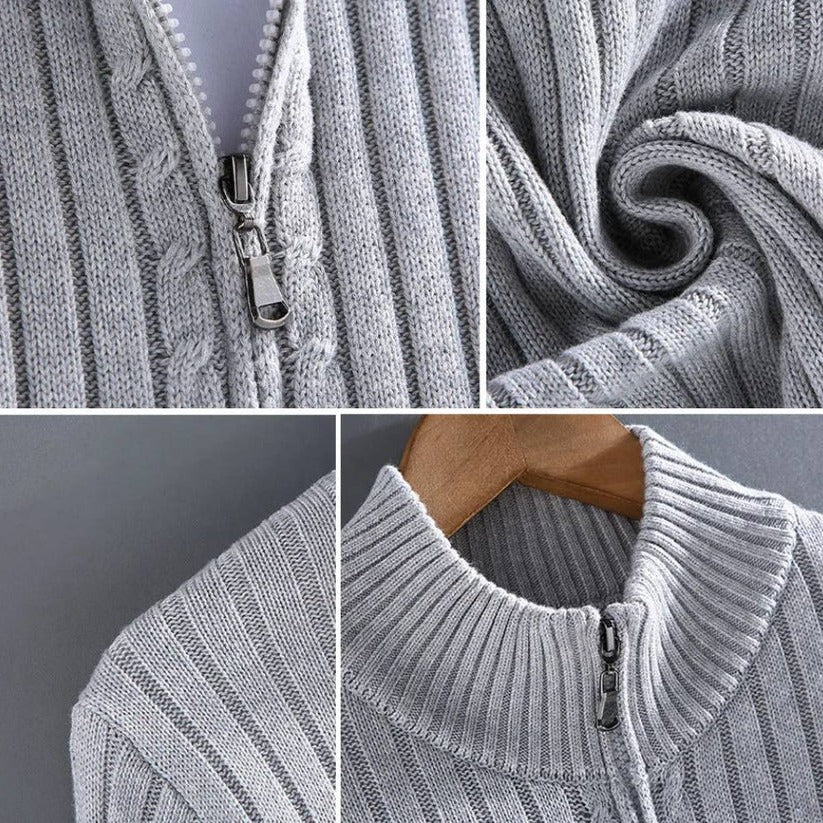 Knit Cardigan Slim Fit Zip Front Ribbed Cuffs