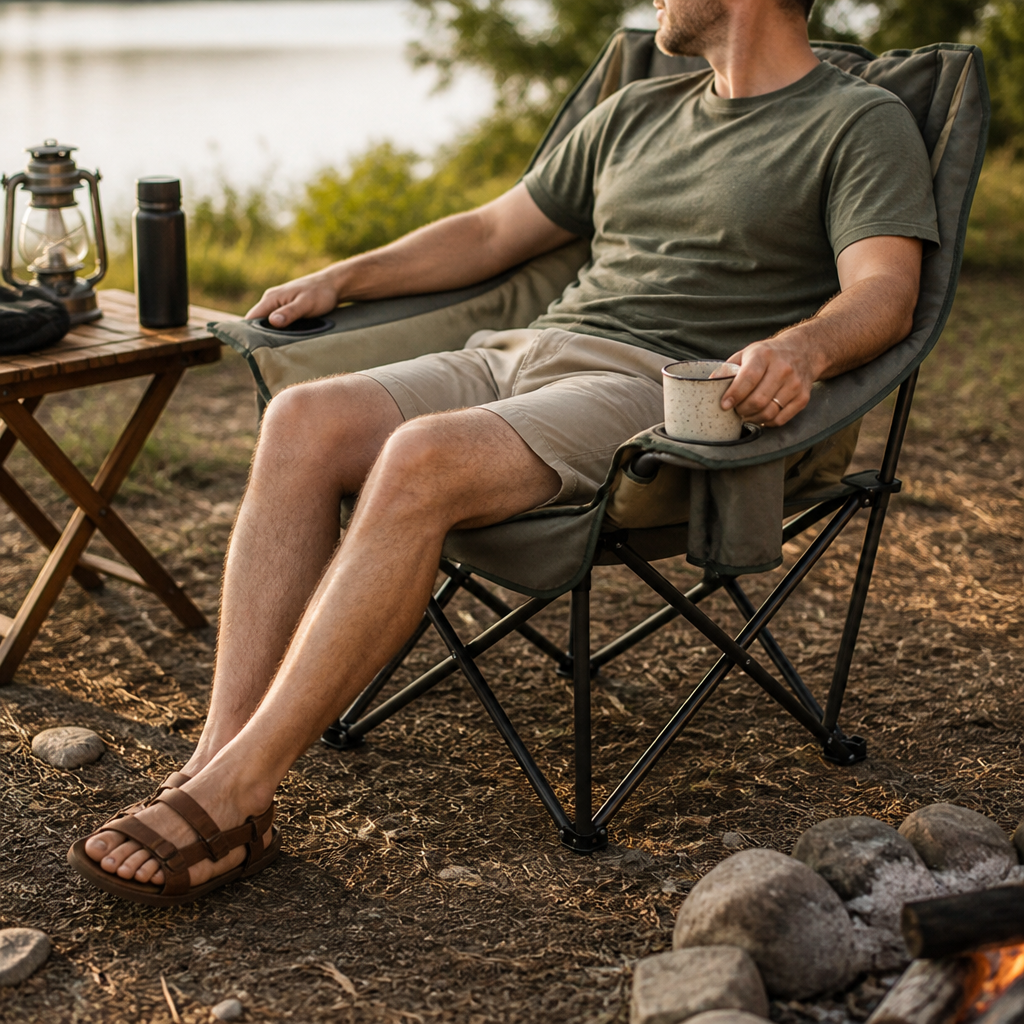 Outdoor Padded Ergonomic Folding Lounge Chair with Cup Holders