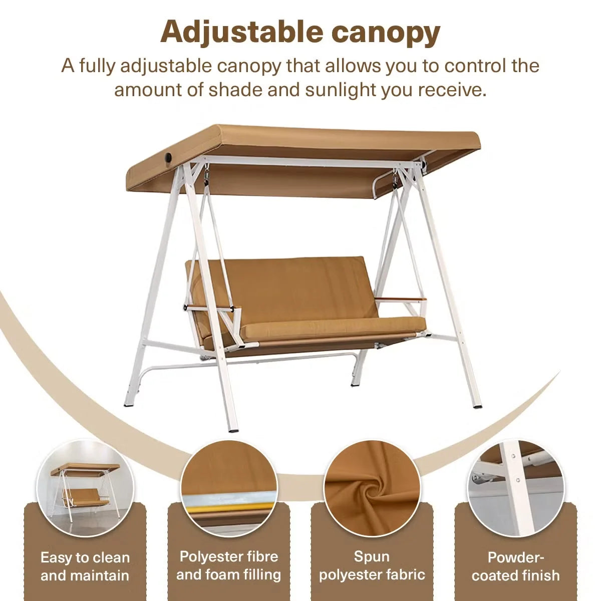 Outdoor Swing Chair 3-Seater Powder-Coated Steel Removable Cushions & Canopy