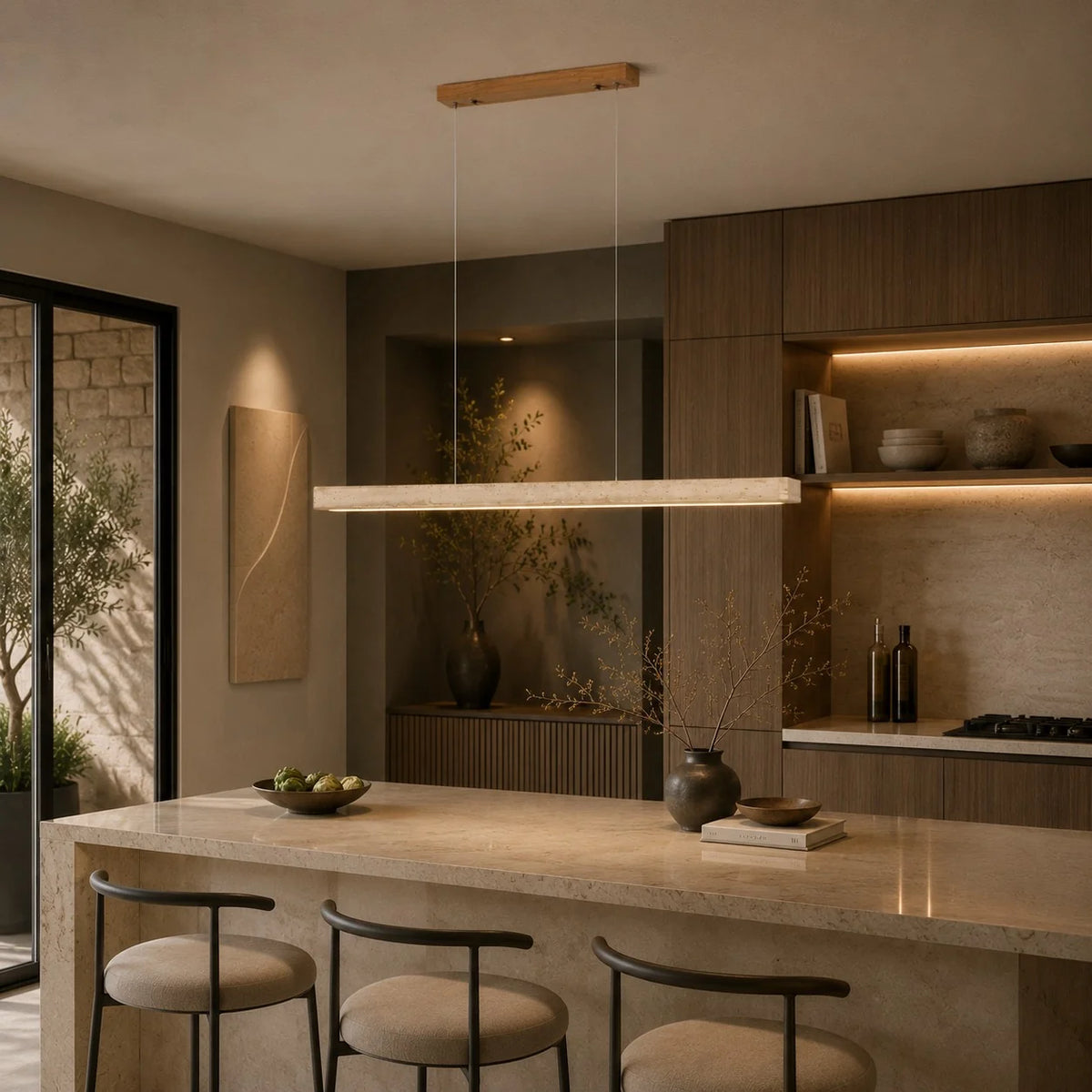 Pendant Lamp Adjustable LED Travertine Shade & Walnut Wood