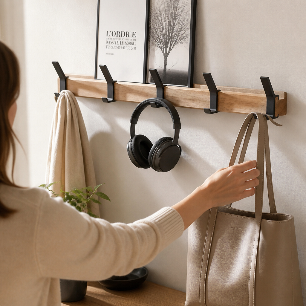 Rubberwood and Aluminum Wall-Mounted Coat Rack (5 Adjustable Double Hooks)