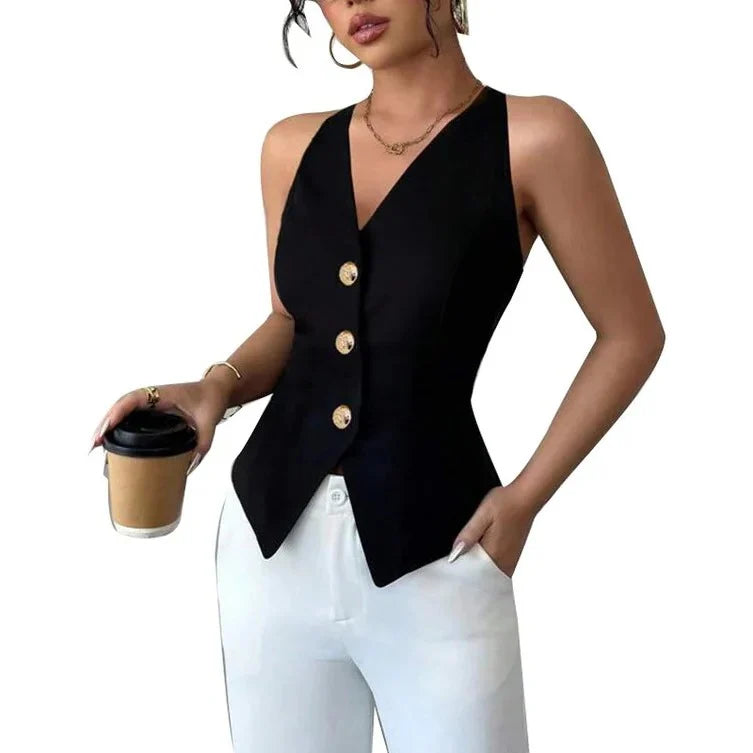 Womens Tailored Vest Plunging V-Neck Waist-Cinching Wrinkle-Resistant