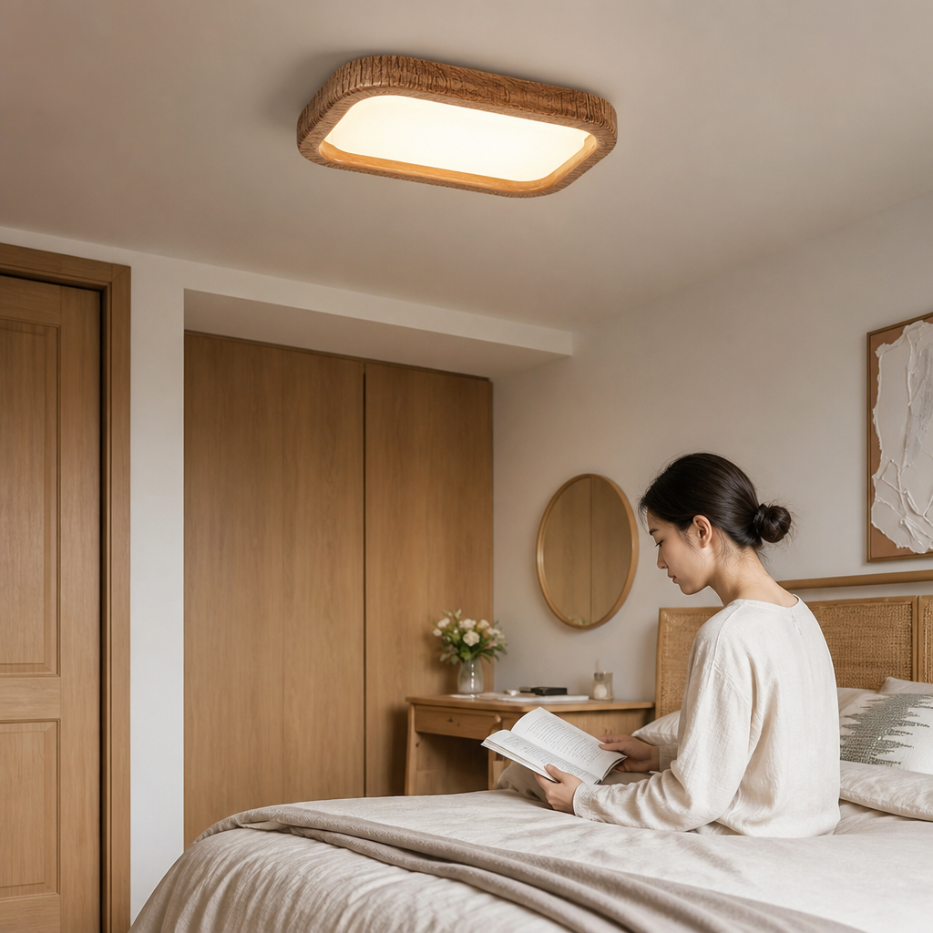 Wood-Effect Accents and Subtle Warm Glow Ceiling Lamp