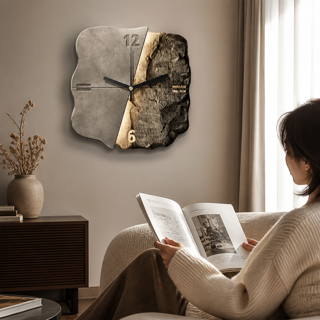 Abstract Three-Dimensional Sandstone Wall Clock with Metal Accents