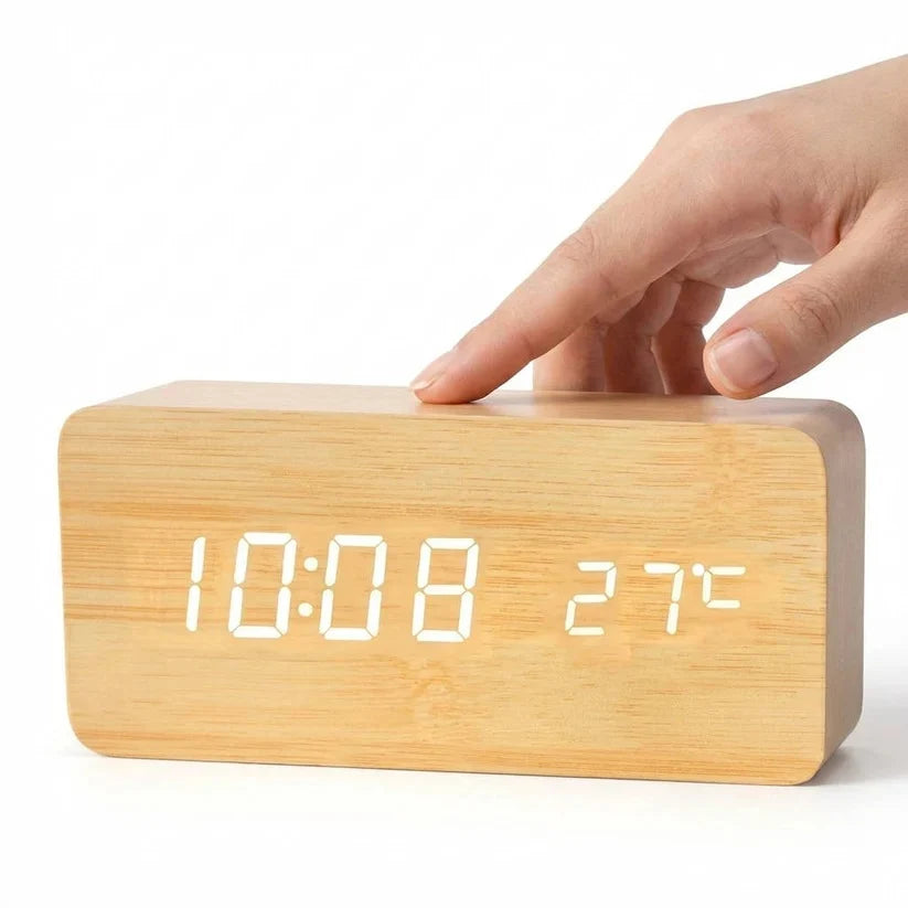 Alarm Clock Large LED Time & Temp Display Sound-Activated