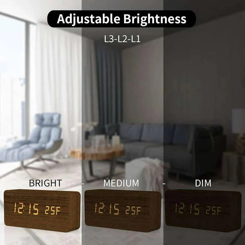 Alarm Clock Large LED Time & Temp Display Sound-Activated