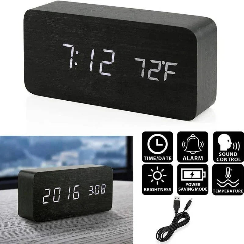 Alarm Clock Large LED Time & Temp Display Sound-Activated
