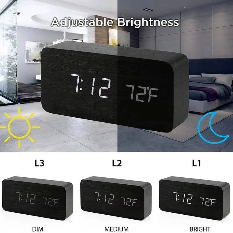 Alarm Clock Large LED Time & Temp Display Sound-Activated