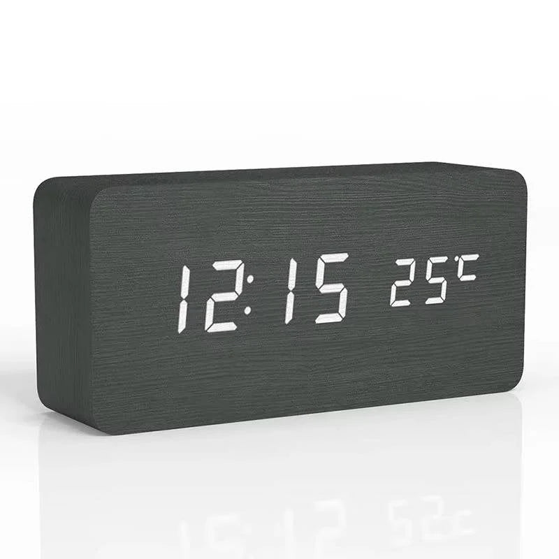 Alarm Clock Large LED Time & Temp Display Sound-Activated