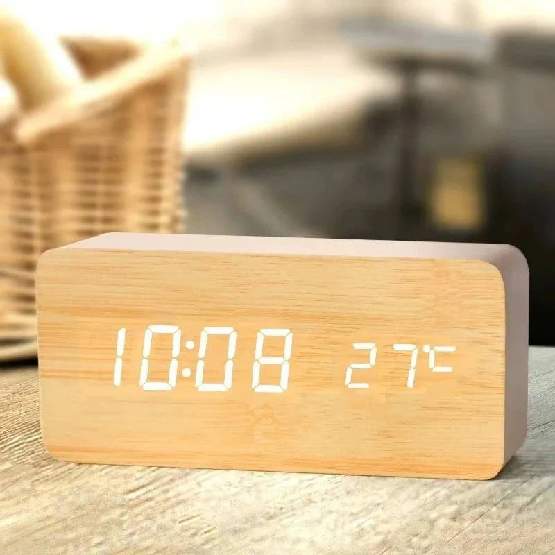 Alarm Clock Large LED Time & Temp Display Sound-Activated