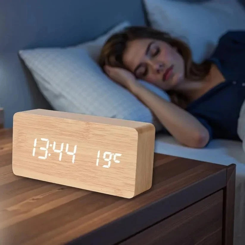 Alarm Clock Large LED Time & Temp Display Sound-Activated