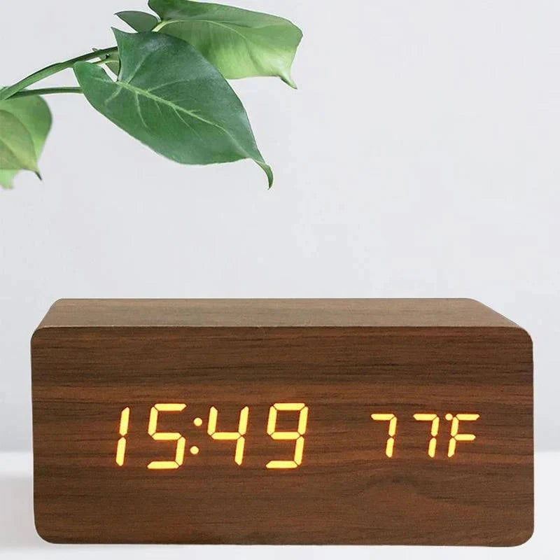 Alarm Clock Large LED Time & Temp Display Sound-Activated
