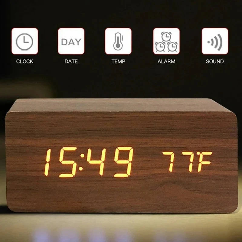Alarm Clock Large LED Time & Temp Display Sound-Activated