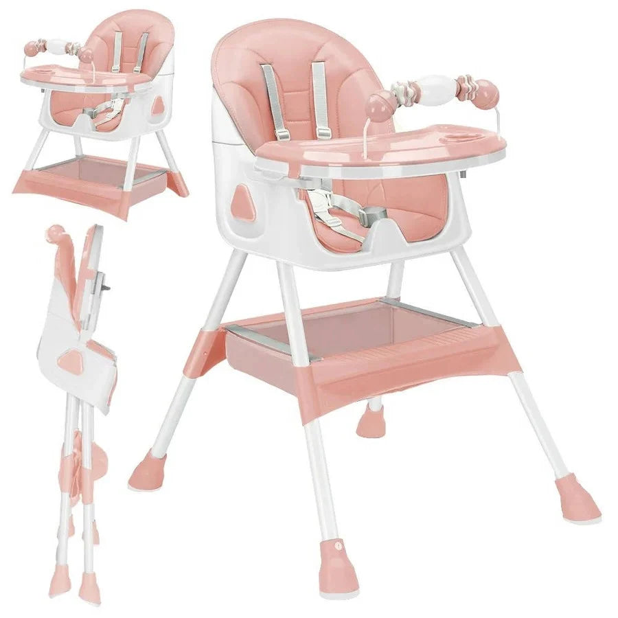 Baby High Chair Foldable Stainless Steel Frame Five-Point Harness