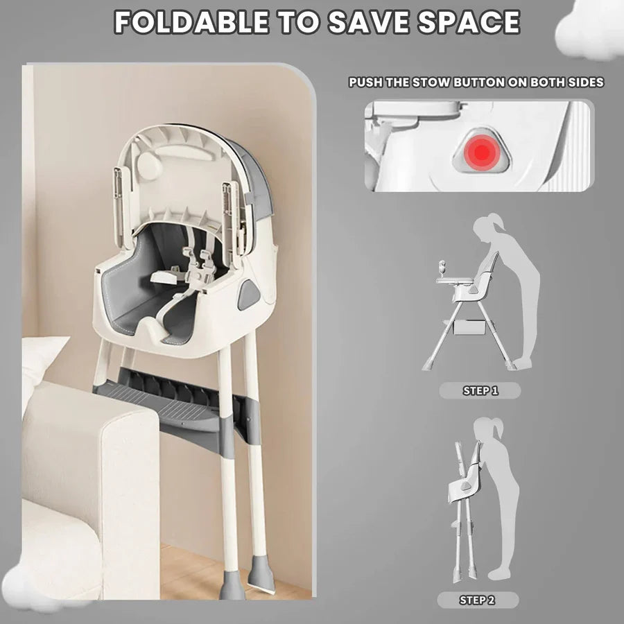 Baby High Chair Foldable Stainless Steel Frame Five-Point Harness