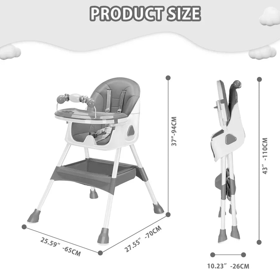 Baby High Chair Foldable Stainless Steel Frame Five-Point Harness