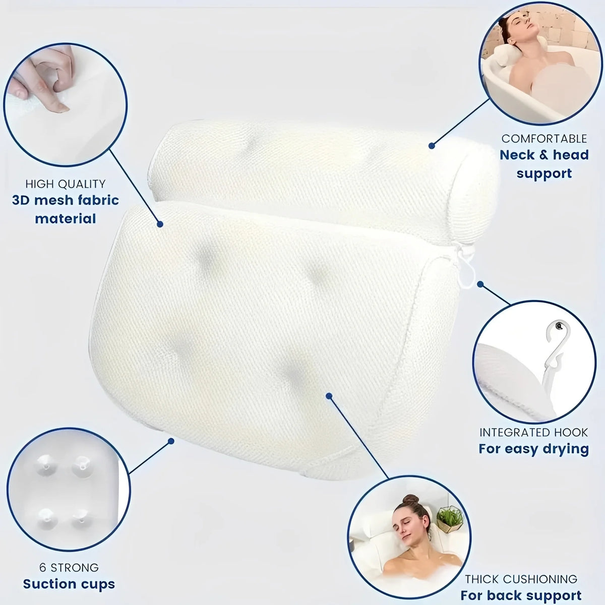 Bath Pillow Ergonomic Neck & Shoulder Support Quick-Dry Mesh