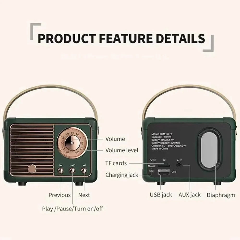 Bluetooth Speaker Built-In Subwoofer Compact Retro Design