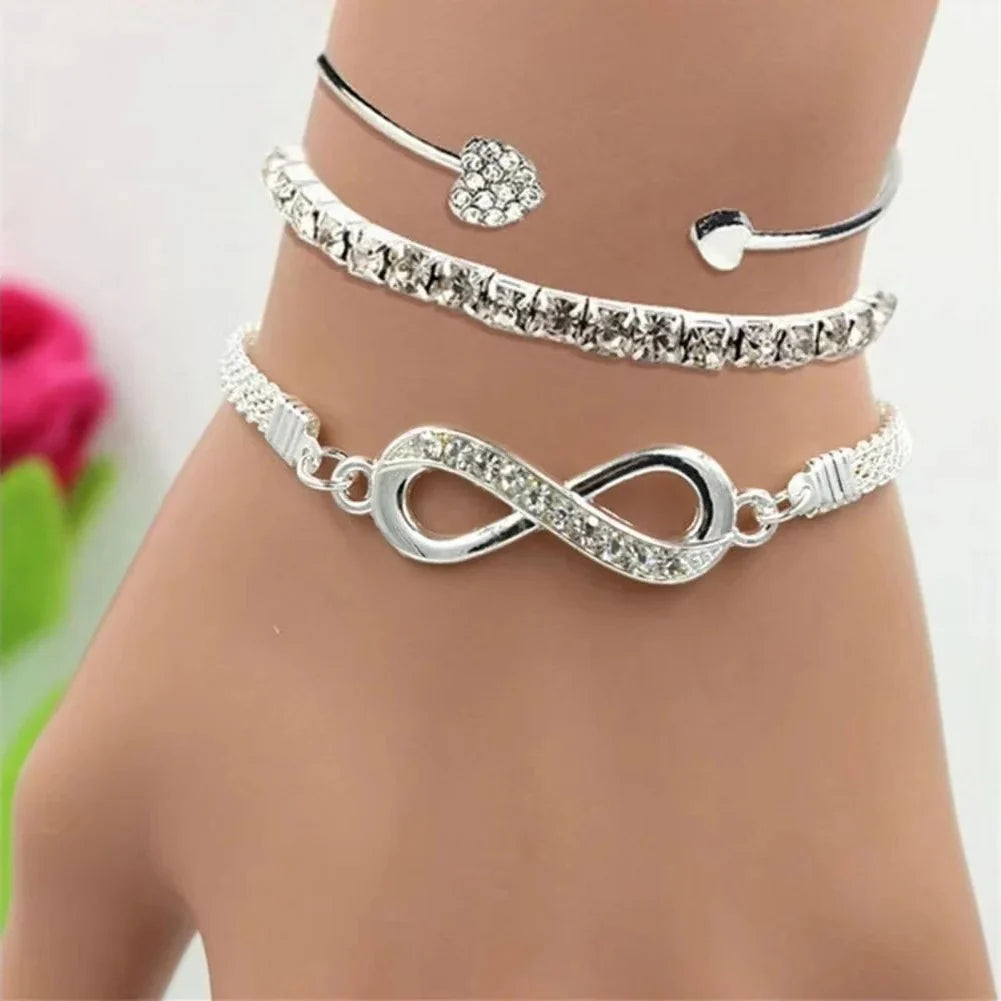 Bracelet Set Rhinestone Heart & Infinity Adjustable 7 Inch