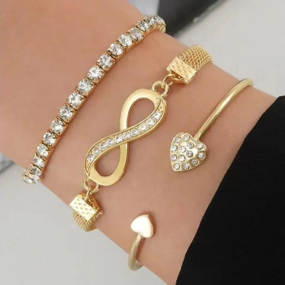 Bracelet Set Rhinestone Heart & Infinity Adjustable 7 Inch