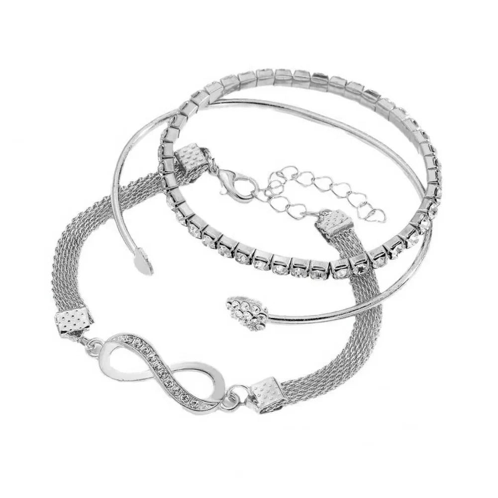 Bracelet Set Rhinestone Heart & Infinity Adjustable 7 Inch