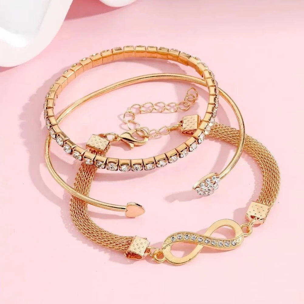 Bracelet Set Rhinestone Heart & Infinity Adjustable 7 Inch