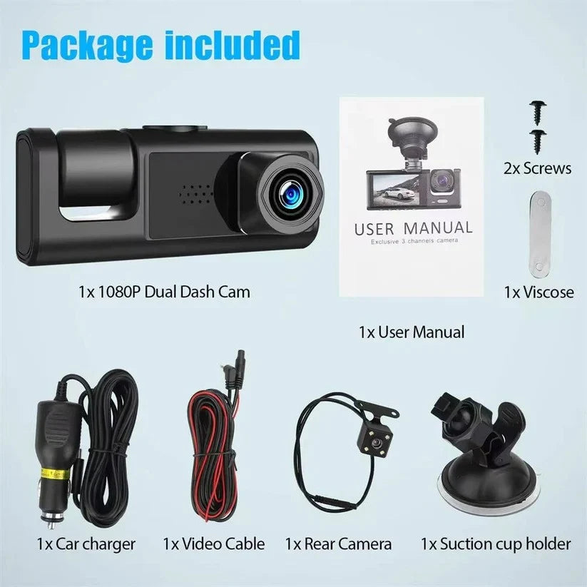 Car Dash Camera Triple Channel 1080p Front Cabin Rear