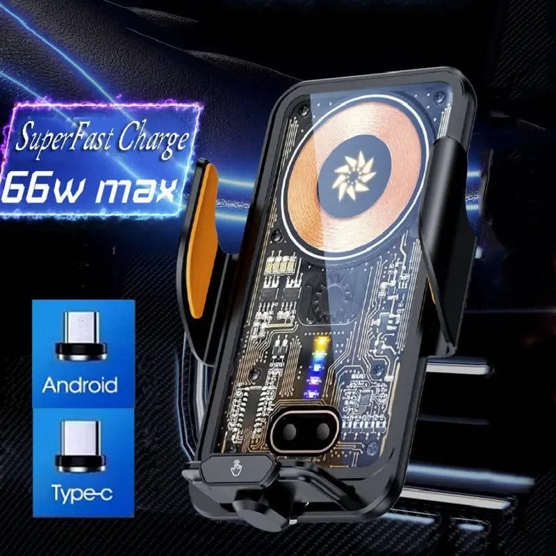 Car Phone Mount Auto-Clamping 66W Wireless Air Vent Clip