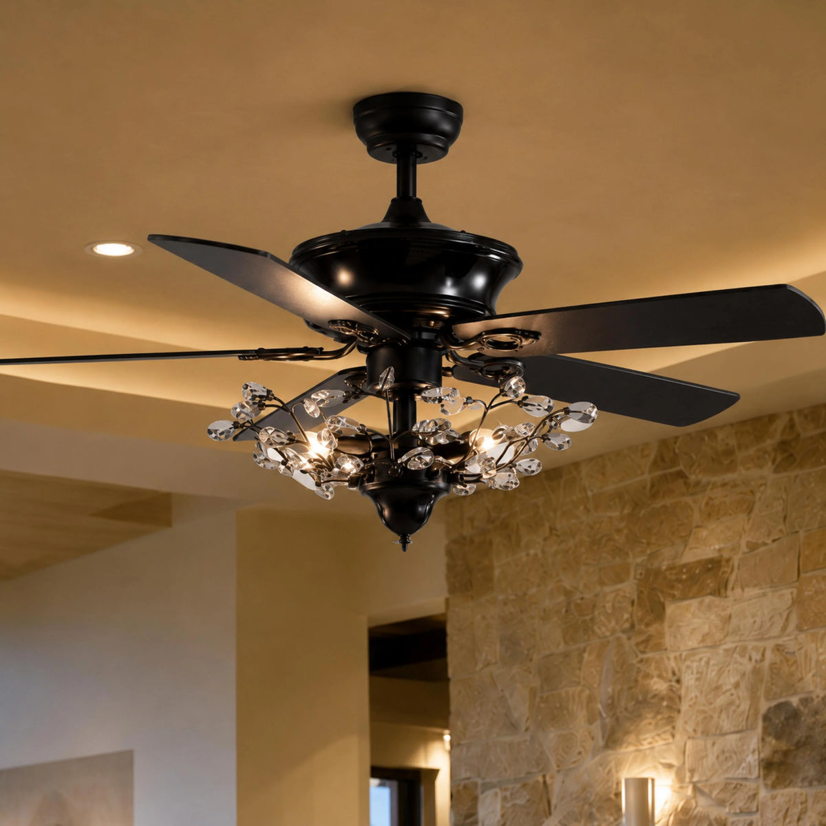 Ceiling Fan 52-Inch Black Crystal Remote & Reversible
