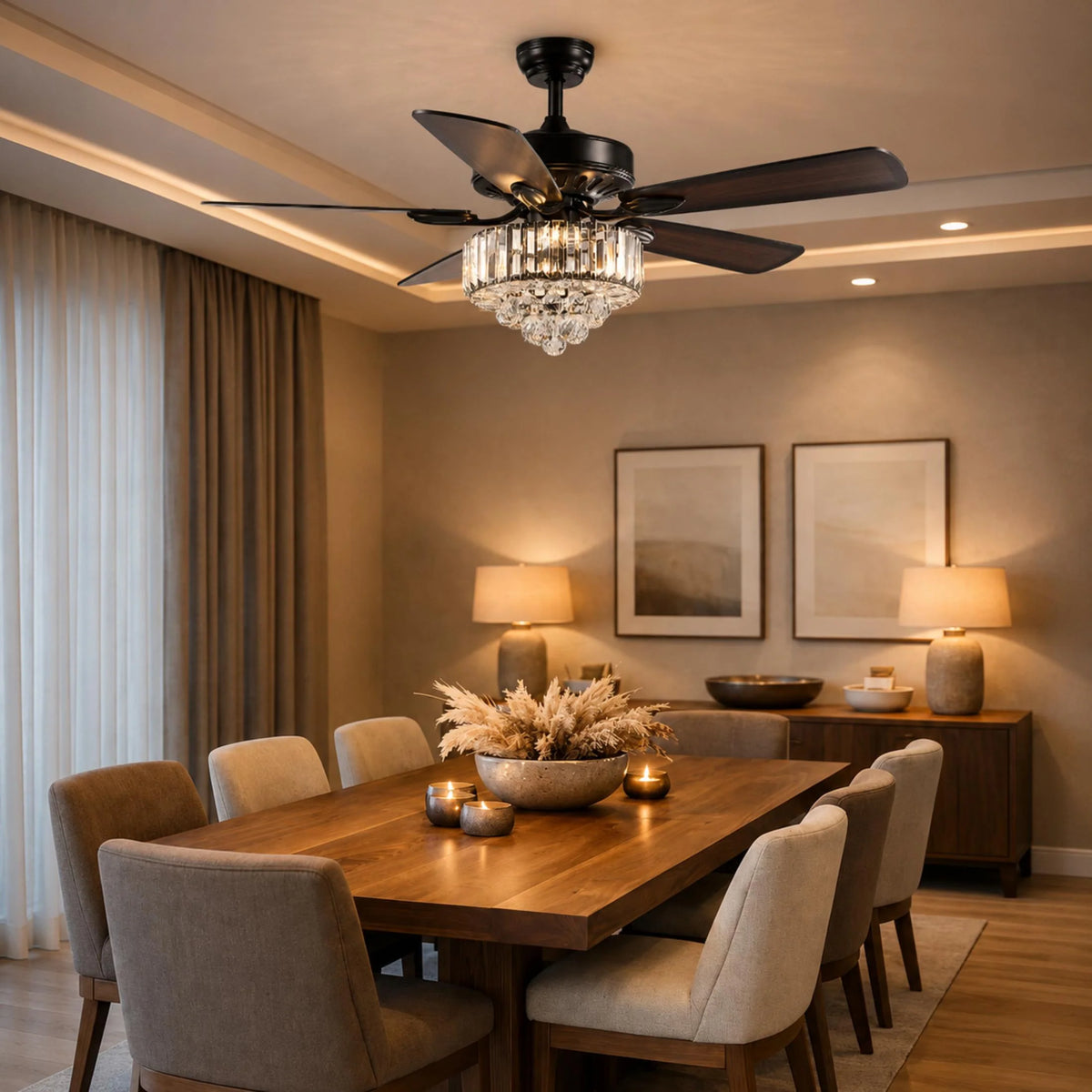 Ceiling Fan 52 Inch Quiet Motor Integrated Crystal Light