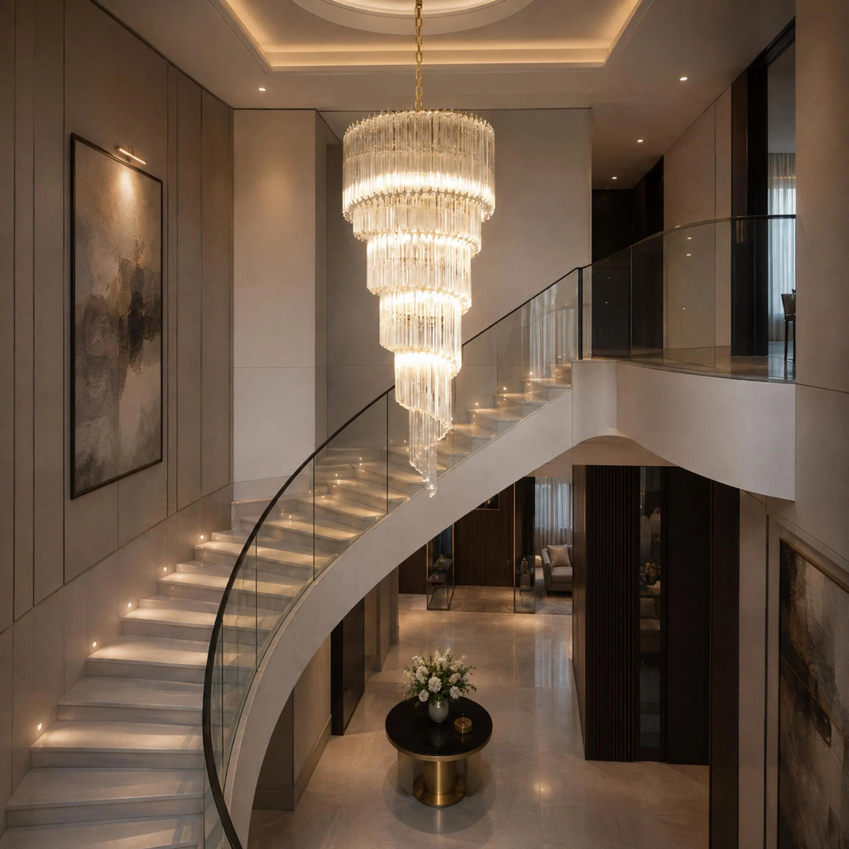 Chandelier Clear Glass Spiral Adjustable Height Dimmable