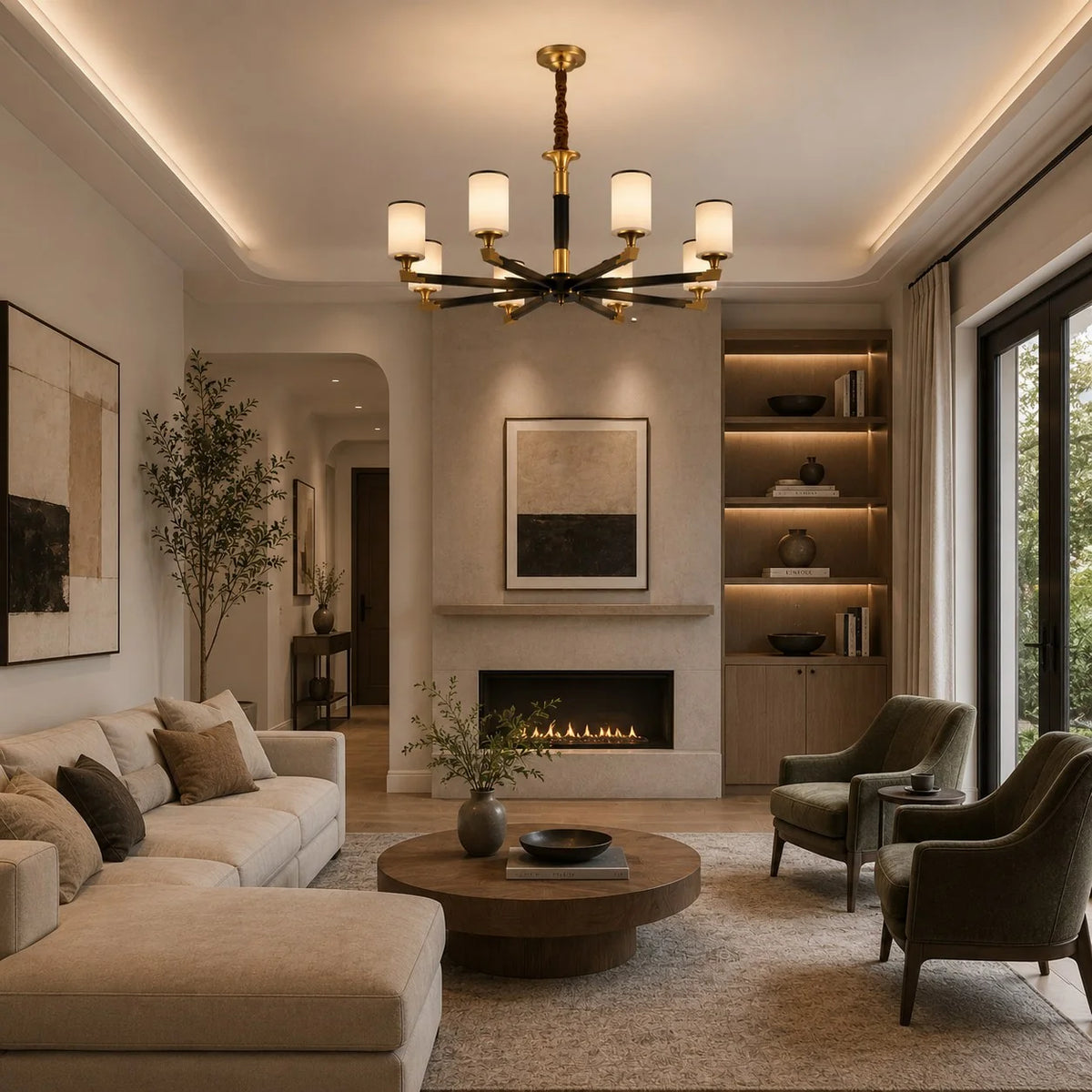 Chandelier Gold-Finish Copper Ivory Glass Shades