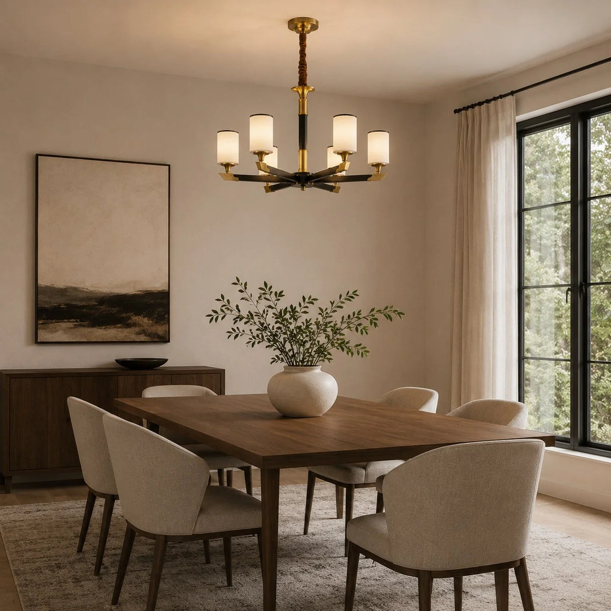 Chandelier Gold-Finish Copper Ivory Glass Shades