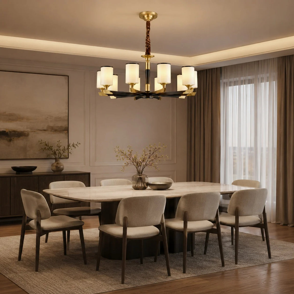 Chandelier Gold-Finish Copper Ivory Glass Shades