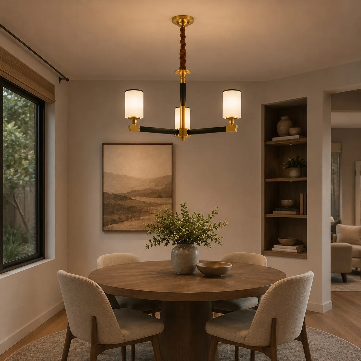 Chandelier Gold-Finish Copper Ivory Glass Shades