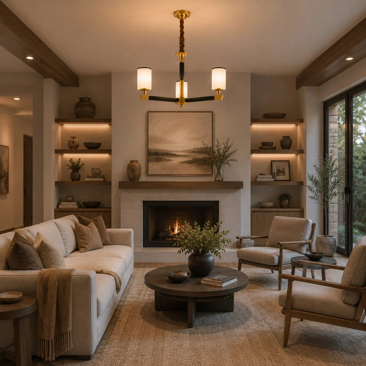 Chandelier Gold-Finish Copper Ivory Glass Shades