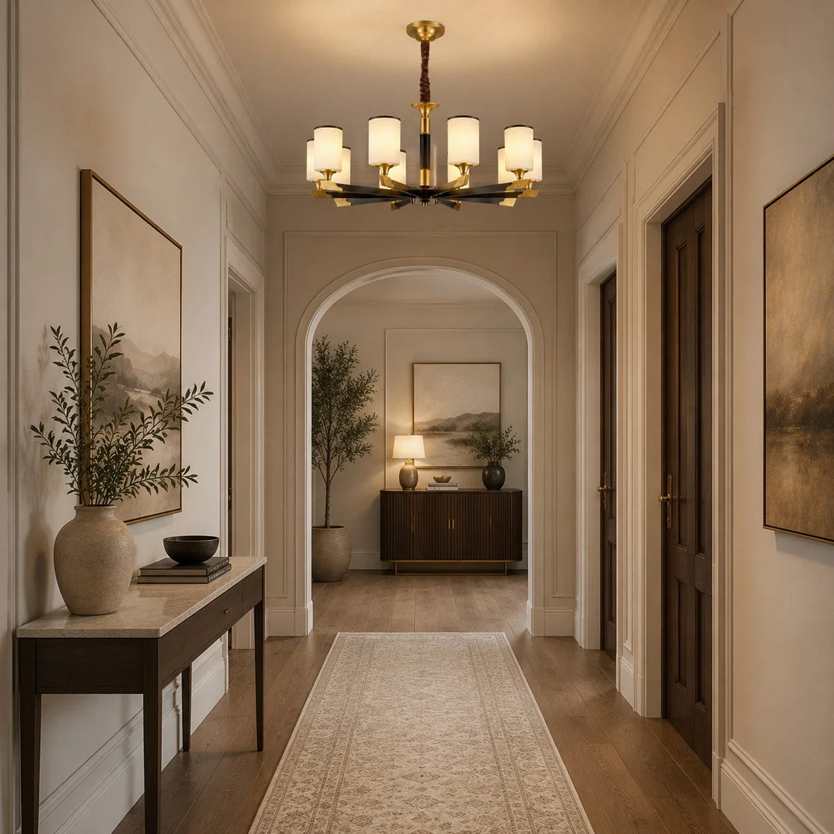 Chandelier Gold-Finish Copper Ivory Glass Shades