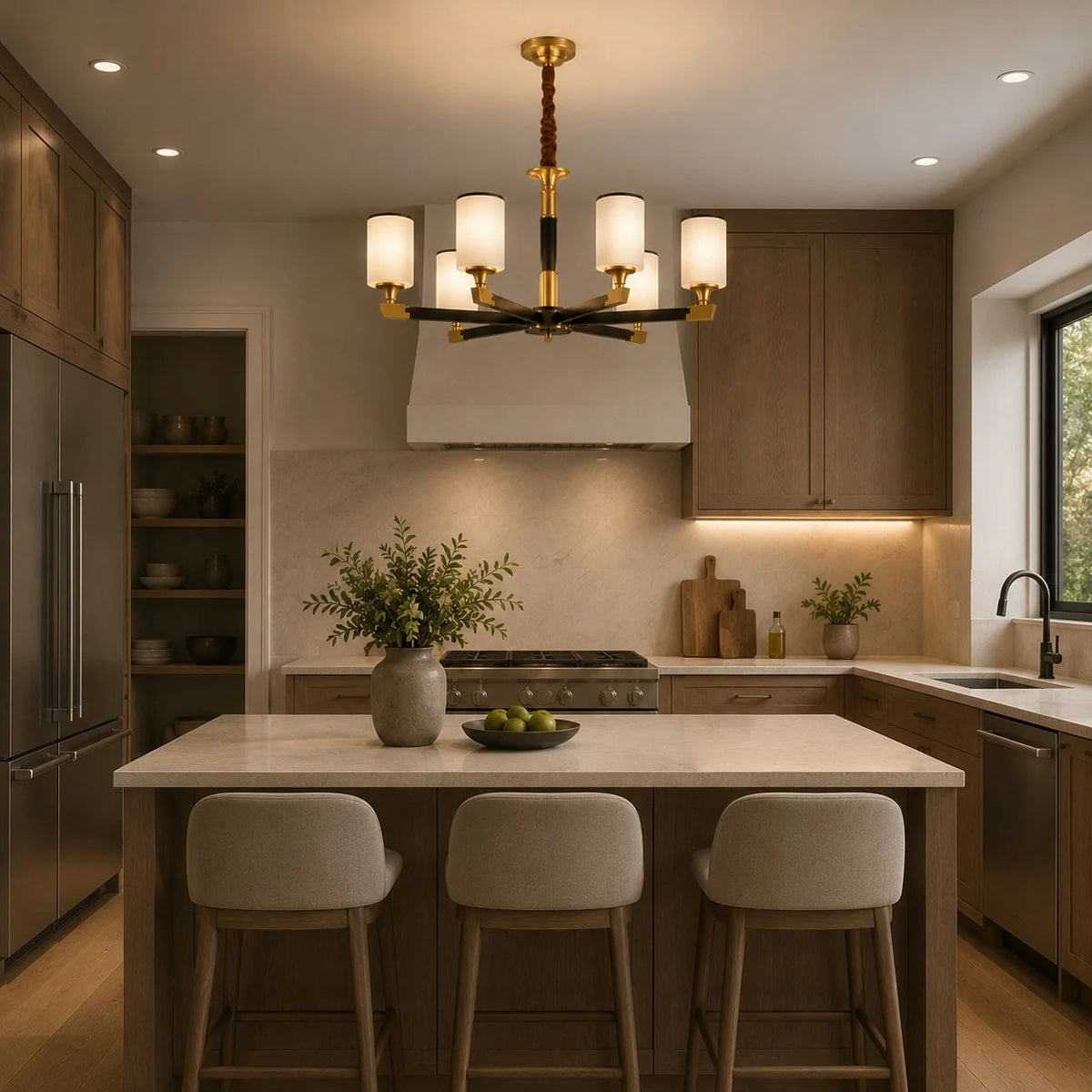 Chandelier Gold-Finish Copper Ivory Glass Shades