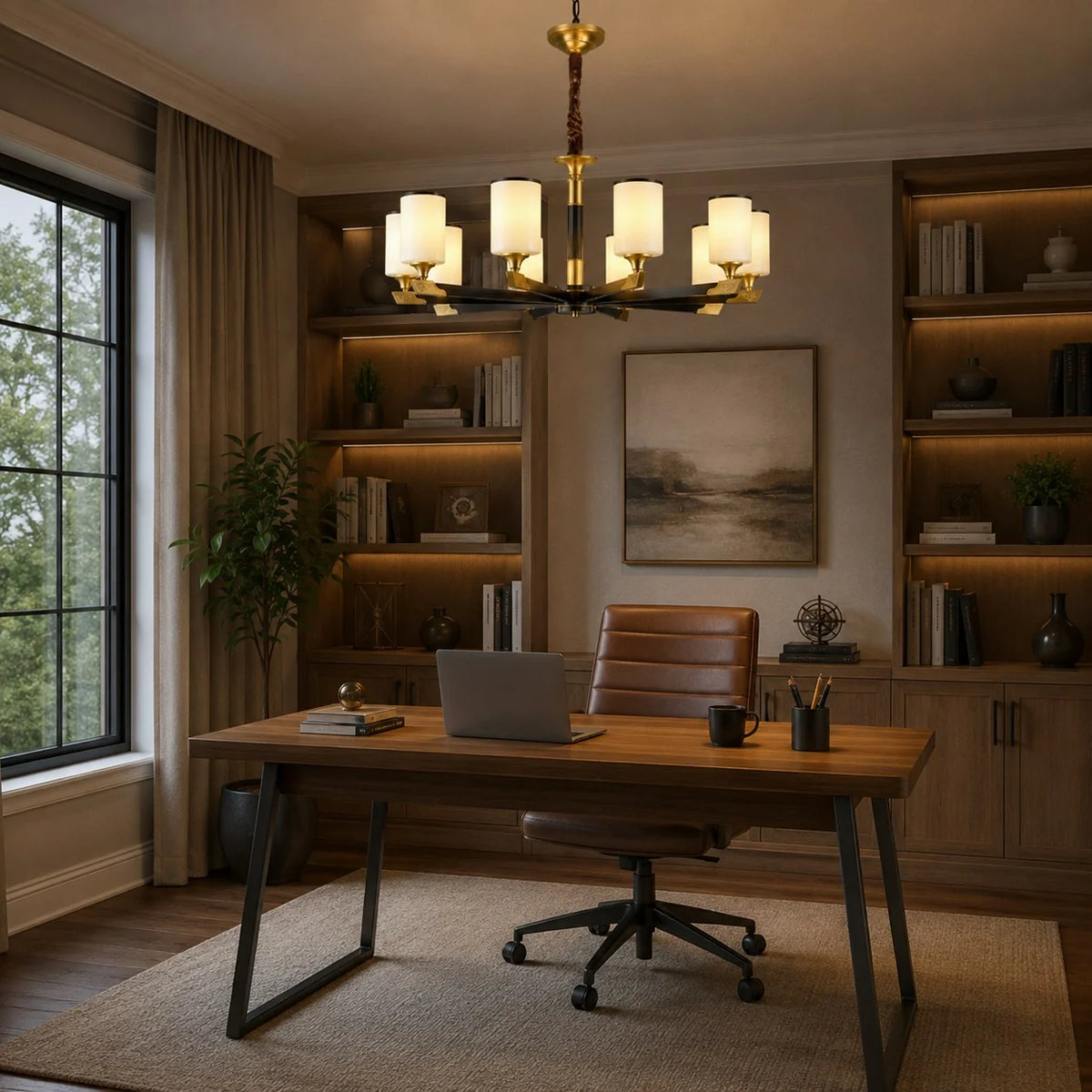 Chandelier Gold-Finish Copper Ivory Glass Shades