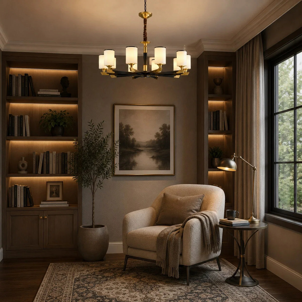 Chandelier Gold-Finish Copper Ivory Glass Shades
