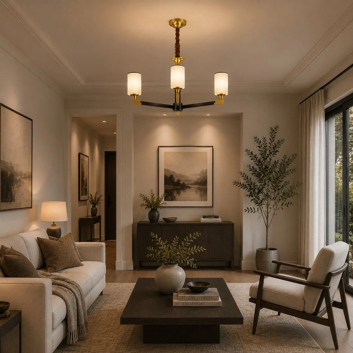 Chandelier Gold-Finish Copper Ivory Glass Shades