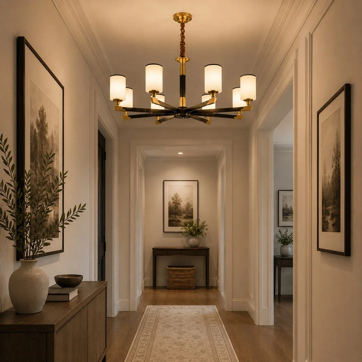 Chandelier Gold-Finish Copper Ivory Glass Shades