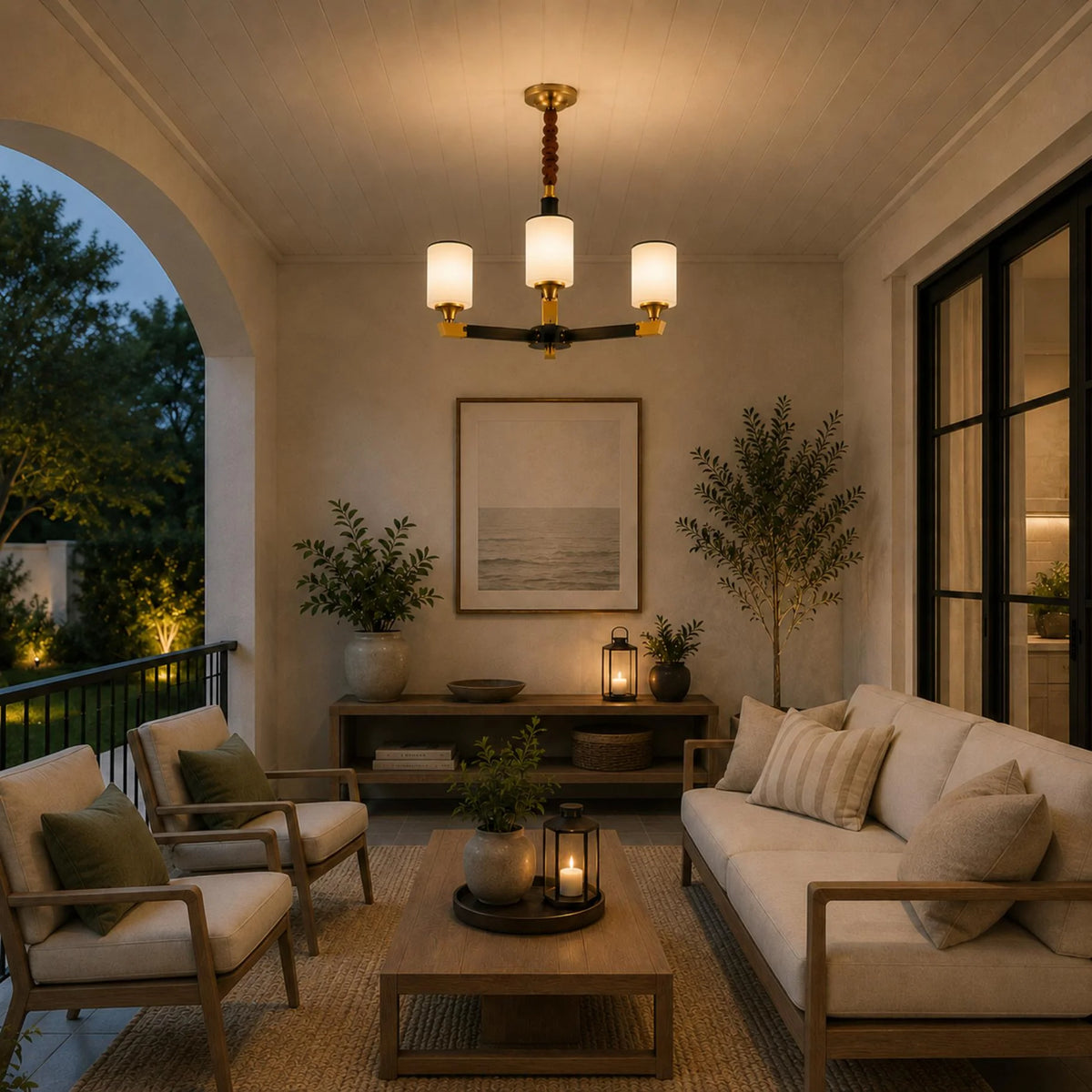 Chandelier Gold-Finish Copper Ivory Glass Shades