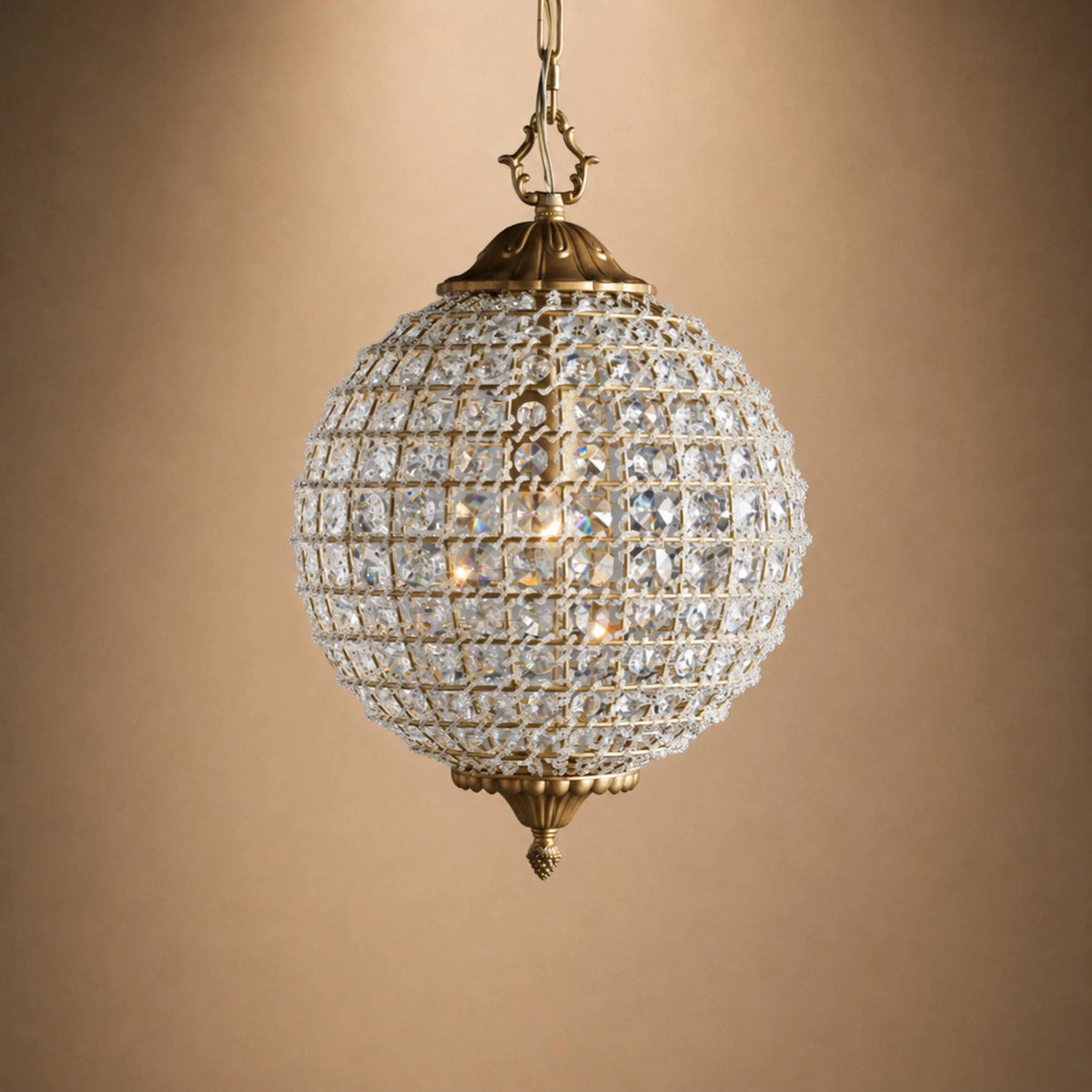 Chandelier Round Hand-Strung Crystals Antiqued Brass