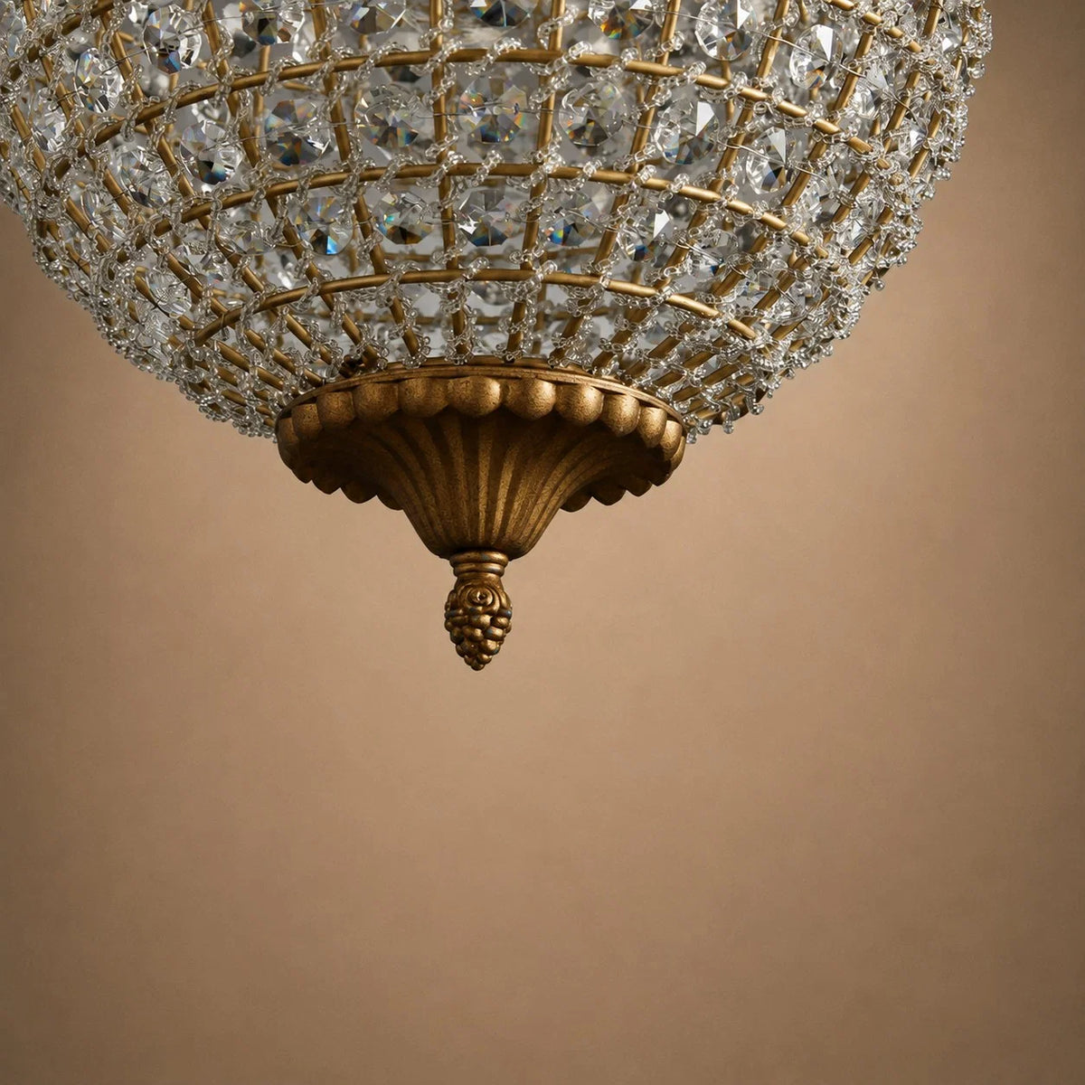 Chandelier Round Hand-Strung Crystals Antiqued Brass