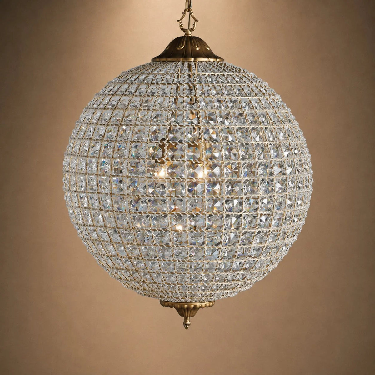 Chandelier Round Hand-Strung Crystals Antiqued Brass